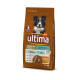 Sac de nourriture pour chiens étiqueté "Ultima" avec un Border Collie, avec des détails indiquant "Medium Maxi", "Light in Fat" et "Croquettes au Poulet."