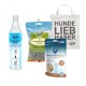 Haustierpflegeprodukte: Flasche "Shampoo Care", "Landgut-Happen" Insekten-Snacks, "Shiimun Skin" Ergänzung und eine Tragetasche mit der Aufschrift "Hunde Liebhaber."