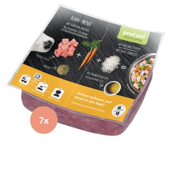 Hundefutterverpackung mit Huhn, Karotten und Reis, beschriftet mit "Huhn-Menü", mit Zubereitungsanweisungen und glutenfreier Kennzeichnung.