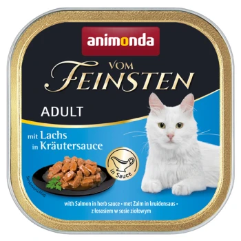 Vom Feinsten Adult 32x100g Lachs, in Kräutersauce Verpackung für Katzenfutter mit einer weißen Katze, beschriftet "animonda vom Feinsten ADULT mit Lachs in Kräutersauce," mit Lachs in Kräutersauce.