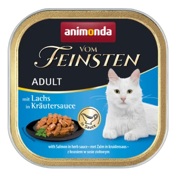 Verpackung für Katzenfutter mit einer weißen Katze, beschriftet "animonda vom Feinsten ADULT mit Lachs in Kräutersauce," mit Lachs in Kräutersauce.