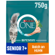 Purina ONE Bifensis Katzenfutter für Senioren, 750g Beutel, mit einer flauschigen grauen Katze und dem Text 'SENIOR 7+' und 'Reich an Huhn.'