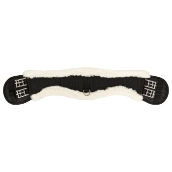 Schwarzer Sattelgurt mit einer weichen weißen Fleece-Innenseite und Metallverschlüssen an beiden Enden, entworfen für Komfort und Stabilität.