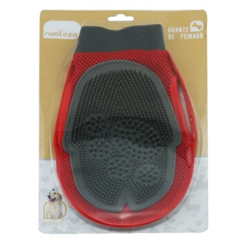 Rote Haustierpflegehandschuh mit einer strukturierten schwarzen Oberfläche, verpackt mit einem beigen Hintergrund und dem Text "GUANTE DE PEINADO."