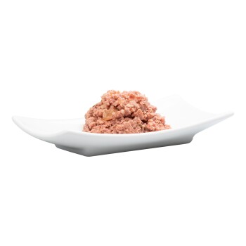 Ein Haufen pinker Haustierfutter auf einem weißen Teller, der eine strukturierte, feuchte Konsistenz zeigt, die für Katzen oder Hunde geeignet ist.