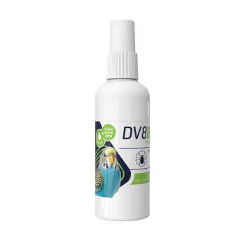White spray bottle labeled 'DV8B' with a budgerigar image, mite icon and '0.30ml dosing pump' text