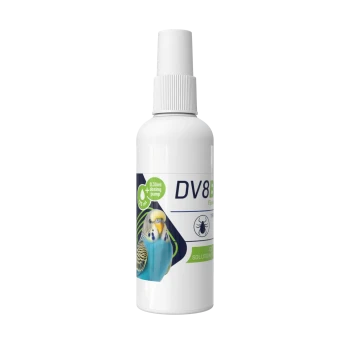 White spray bottle labeled 'DV8B' with a budgerigar image, mite icon and '0.30ml dosing pump' text