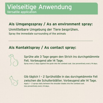 Anleitung für ein vielseitiges Haustierspray, das die Verwendung als Umwelt- und Kontaktspray auf Deutsch und Englisch beschreibt.