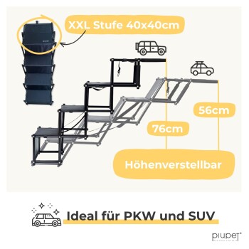 Verstellbare Haustiertreppen für Autos, Höhe 56-76 cm, geeignet für alle gängigen Autos und SUVs, mit Fahrzeugsymbolen darüber.