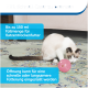 Eine verspielte Katze spielt mit einem rosa Futterspielzeug auf einem gemusterten Teppich, mit einstellbaren Futtereinstellungen und einem Fassungsvermögen von 150 ml.