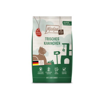 Mjamjam Tierfuttertüte „Frisches Kaninchen“ — grün/beige, Katzensilhouette, Anhänger „Mit Frisch-Fleisch“ und deutsche Flagge