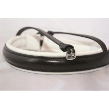 Eine Nahaufnahme eines schwarz-weißen Haustierhalsbands mit einem eleganten Design, das eine glänzende silberne Schnalle und weiche Polsterung aufweist.