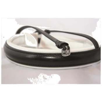 Eine Nahaufnahme eines schwarz-weißen Haustierhalsbands mit einem eleganten Design, das eine glänzende silberne Schnalle und weiche Polsterung aufweist.