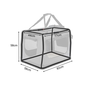 Tragbare Haustiertrage mit Netzseiten, Abmessungen beschriftet: 58cm Höhe, 82cm Breite, 77cm Länge und 44cm Tiefe.
