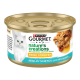 Purina Gourmet Naturkreationen Katzenfutterdose, mit einem Bild einer weißen Katze, beschriftet mit "Feine Streifen" mit Thunfisch, Reis und Tomaten.