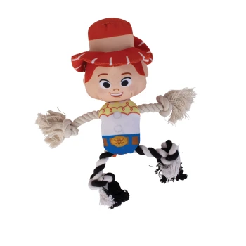 Plush cowboy pet toy with red hat, smiling face, rope arms and black-and-white twisted rope legs on black background.