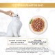 Puszysty biały kot głaskany obok talerza z mokrą karmą z niemieckimi zaleceniami żywieniowymi.