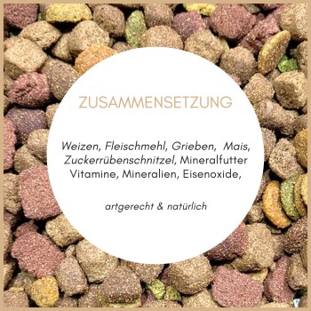 Nahaufnahme von mehrfarbigen Trockenfutter-Kroketten in verschiedenen Formen und Größen.