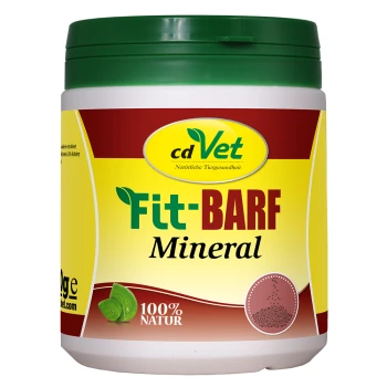 Behälter mit cdVet Fit-BARF Mineral, einem Haustier-Nahrungsergänzungsmittel, mit grünem Deckel und gelbem Etikett mit dem Text "100% NATUR".