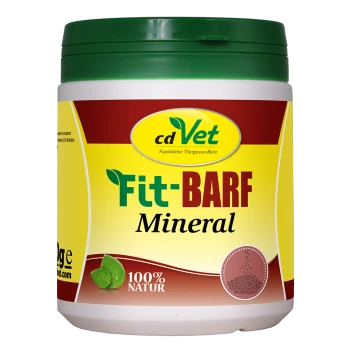 Behälter mit cdVet Fit-BARF Mineral, einem Haustier-Nahrungsergänzungsmittel, mit grünem Deckel und gelbem Etikett mit dem Text "100% NATUR".