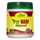 Behälter mit cdVet Fit-BARF Mineral, einem Haustier-Nahrungsergänzungsmittel, mit grünem Deckel und gelbem Etikett mit dem Text "100% NATUR".