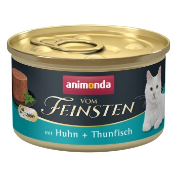 Vom Feinsten Adult Thon et poulet 12x85 g Une boîte de nourriture pour chat Animonda étiquetée "vom Feinsten" présentant une mousse au poulet et au thon, ornée d'une image de chat blanc.