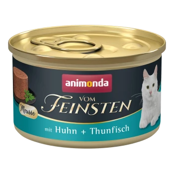 Een blik Animonda kattenvoer gelabeld 'vom Feinsten' met mousse van kip en tonijn, versierd met een afbeelding van een witte kat.