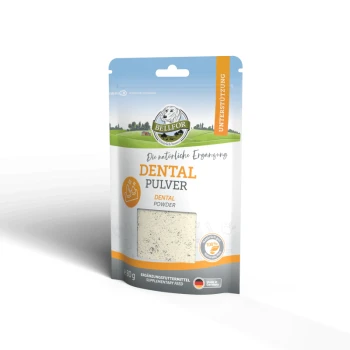 Verpackung von Bellfor Dentalpulver für Haustiere, mit einem hellblauen und weißen Design, mit dem Text "DENTAL PULVER" deutlich angezeigt.
