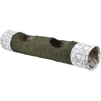 Un tunnel pour animaux de compagnie vert avec deux ouvertures, présentant un tissu blanc à motif floral aux extrémités, conçu pour les animaux de compagnie joueurs.