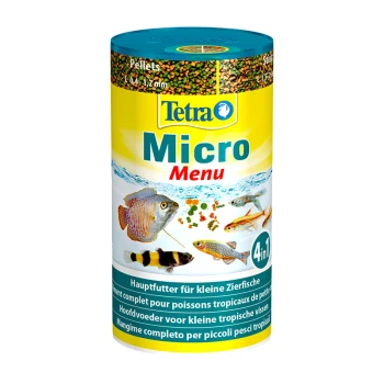 Tetra Micro Menu Fischfutterbehälter, mit bunten Pellets für kleine tropische Fische, mit Bildern verschiedener Fische und mehrsprachigem Text.