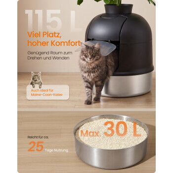 Maine-Coon-Katze verlässt schwarzes Kuppel-Katzenklo mit Edelstahlsockel; sichtbarer Text: 115 L, Max. 30 L.