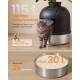 Maine-Coon-Katze verlässt schwarzes Kuppel-Katzenklo mit Edelstahlsockel; sichtbarer Text: 115 L, Max. 30 L.