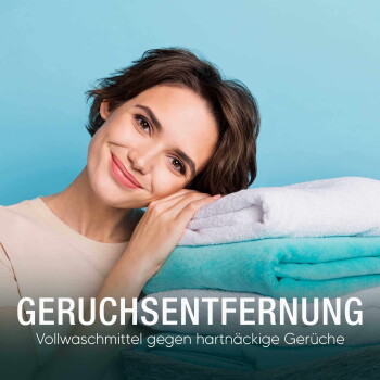 Eine Person hält bunte Handtücher vor einem hellblauen Hintergrund mit dem Text 'GERUCHSENTFERNUNG - Desinfektionsspüler gegen Gerüche.'
