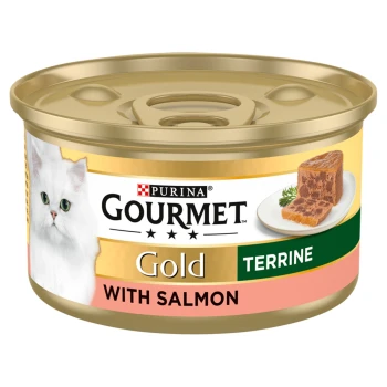 Dose Purina Gourmet Gold Terrine Katzenfutter mit Lachs, mit einer weißen Katze auf dem Etikett und einer Scheibe Terrine auf einem Teller.
