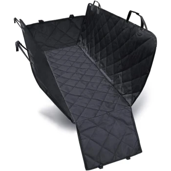 Schwarze, gesteppte Autositzabdeckung für Haustiere mit Seitenklappen, entworfen, um die Innenräume des Autos vor Tierhaaren und Schmutz zu schützen.