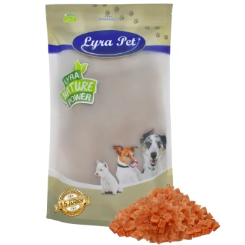 Lyra Hundefutterverpackung mit einem beigen Beutel, der Bilder eines Hundes, einer Katze und eines weißen Hundes zeigt, sowie einem Haufen orangefarbener Kroketten davor.