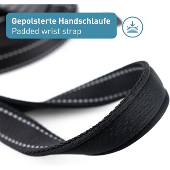 Schwarzes gepolstertes Handgelenkband für Haustierleinen, mit einer Nahaufnahme und dem Text "Gepolsterte Handschlaufe" und "Padded wrist strap."