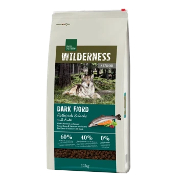 12 kg bag of "Real Nature Wilderness Senior" dog food with a wolf design. "DARK FIORD" label; 60% red deer & salmon, 40% fruits/veggies.