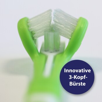 Nahaufnahme einer grünen Haustierzahnbürste mit einem einzigartigen dreiköpfigen Design, mit dem Text "Innovative 3-Kopf-Bürste" in einem blauen Kreis.
