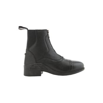 Schwarze Reitstiefel mit seitlichem Reißverschluss und dekorativer Naht, vor einem weißen Hintergrund präsentiert.
