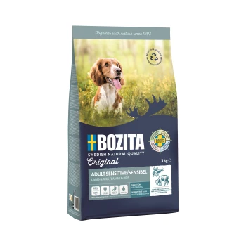 3 kg Sack Bozita Hundefutter mit einem braun-weißen Hund, beschriftet "Adult Sensitive Lamm & Reis", zeigt 23% Protein und 12% Fett.