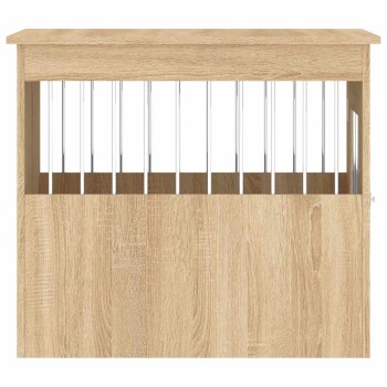 Holz-Tierbox mit Metallstäben, helles Eichenfurnier, rechteckige Form und ein oberes Regal.