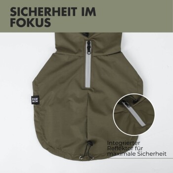 Olivgrüne Haustierjacke mit Reißverschluss, reflektierenden Details und Text "Sicherheit im Fokus" und "Integrierter Reflektor für maximale Sicherheit."
