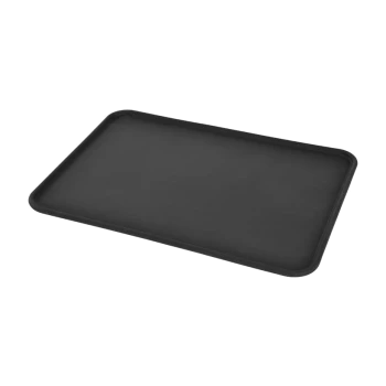 Black rectangular pet feeding mat with raised edges, designed to contain spills and messes.