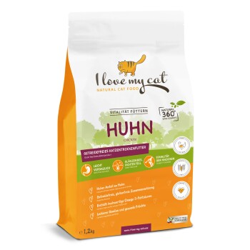 1,2 kg Beutel "Ich liebe meine Katze" getreidefreies Hühnerfutter für glänzendes Fell und starke Knochen.