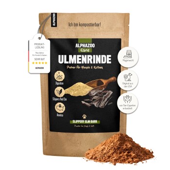 Verpackung von ALPHAZOO Care Ulmenrinde, einem schleimigen Ulmenrindenpulver für Hunde und Katzen, das die Verdauungsvorteile hervorhebt.