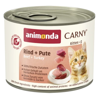 Dose Animonda Carny Kitten‑Nassfutter mit Aufschrift 'Rind + Pute' (Beef + Turkey) und Bild eines orangefarbenen Kätzchens