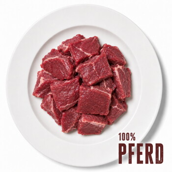 Dose mit Hundefutter, beschriftet mit "Pferd Pur" und einem Pferdegrafik, die Merkmale hervorhebt: einzelnes Protein, 100% Muskelfleisch, hypoallergen und getreidefrei.