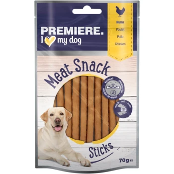Verpackung von Hundesnacks mit der Marke "Premiere. Ich ❤️ meinen Hund", mit einem lächelnden Labrador und dem Etikett "Fleischsnack-Sticks", 70g.