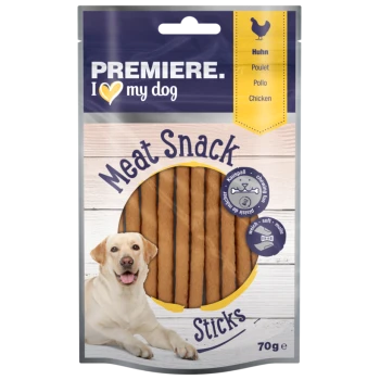 Verpackung von Hundesnacks mit der Marke "Premiere. Ich ❤️ meinen Hund", mit einem lächelnden Labrador und dem Etikett "Fleischsnack-Sticks", 70g.